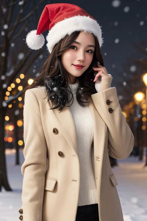 (masterpiece),
1girl,
christmas babe, christmas hat,
beige business coat, 
black hair, floating hair,
looking at viewer,
((sexy pose)), flirtatious, proud mood,
godly light aura,
perfect face feature,
winter background, ((snowing)), night, warm light,
HDR, 4k textures, realistic, intricate details,