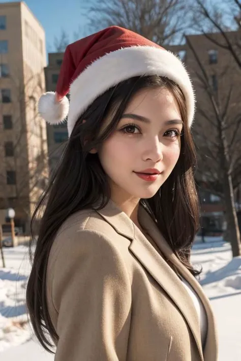 (masterpiece),
1girl,
christmas babe, christmas hat,
beige business coat, 
black hair, floating hair,
looking at viewer,
((sexy pose)), flirtatious, proud mood,
godly light aura,
perfect face feature,
winter background,
HDR, 4k textures, realistic, intricate details,