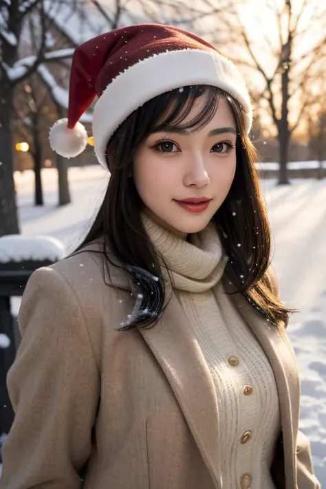 (masterpiece),
1girl,
christmas babe, christmas hat,
beige business coat,
black hair, floating hair,
looking at viewer,
((sexy pose)), flirtatious, proud mood,
godly light aura,
perfect face feature,
winter background, snowing, night, warm light,
HDR, 4k textures, realistic, intricate details,
