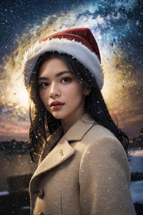 (masterpiece),
1girl,
OverallDetail,
starry,night,colorful,cloud,star \(sky\),
christmas babe, red christmas hat,
beige business coat, 
black hair, floating hair,
looking at viewer,
((sexy pose)), flirtatious, proud mood,
godly light aura,
perfect face feature,
winter background, ((snowing)), night, warm light,
HDR, 4k textures, realistic, intricate details,