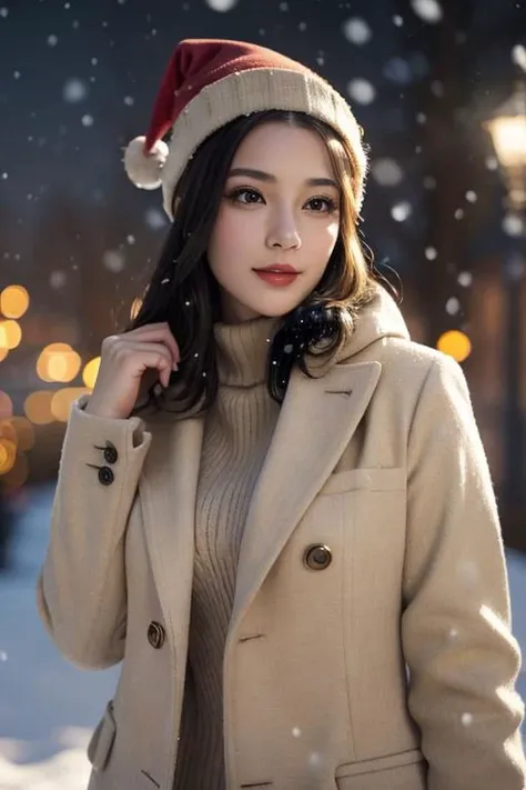(masterpiece),
1girl,
christmas babe, christmas hat,
beige business coat, 
black hair, floating hair,
looking at viewer,
((sexy pose)), flirtatious, proud mood,
godly light aura,
perfect face feature,
winter background, ((snowing)), night, warm light,
HDR, 4k textures, realistic, intricate details,