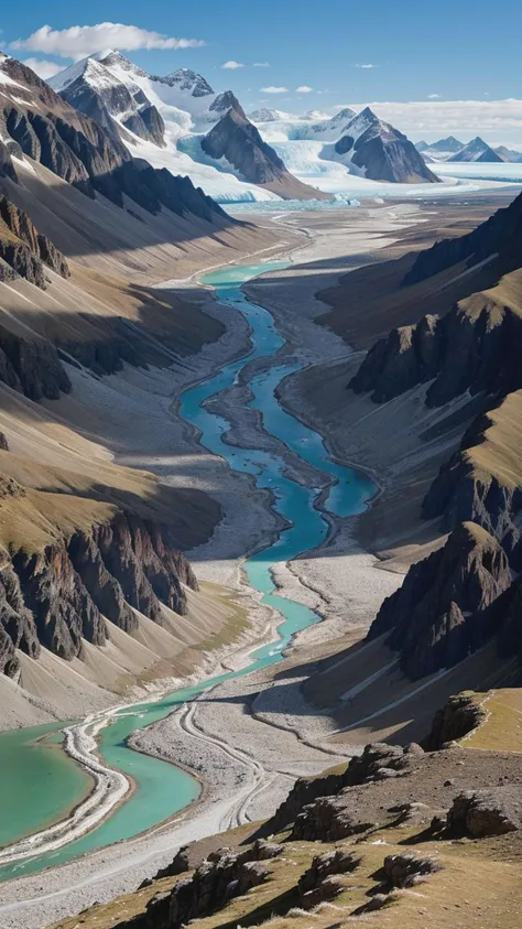 An ultradetailed, panoramic shot capturing the beauty of a glacier cutting through a mountain range, emphasizing the symmetrical ice-blue hues and the rugged terrain.