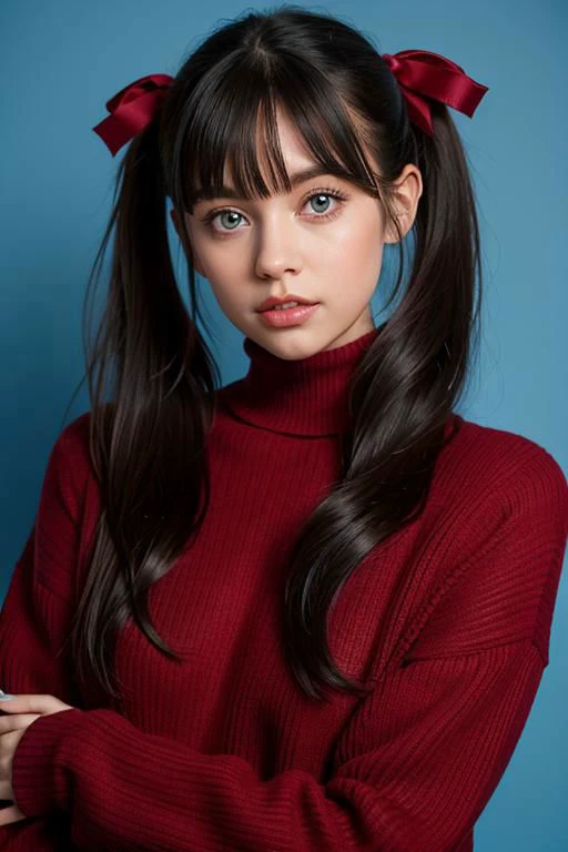 1women, 32yo, solo, long hair, sweater, red sweater, looking at viewer, blue background, black hair, simple background, two side up, turtleneck, blue eyes, lips, closed mouth, ribbon, hair ribbon, bangs, turtleneck sweater, upper body, parted bangs, black ribbon, ribbed sweater, twintails, nose,