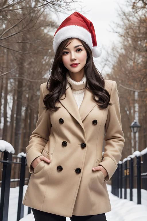 (masterpiece),
1girl,
christmas babe, christmas hat,
beige business coat,
black hair, floating hair,
looking at viewer,
((sexy pose)), flirtatious, proud mood,
godly light aura,
perfect face feature,
winter background,
HDR, 4k textures, realistic, intricate details,