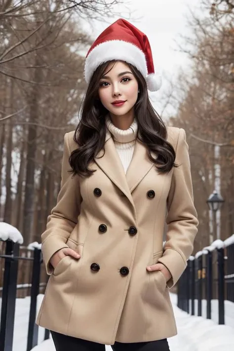 (masterpiece),
1girl,
christmas babe, christmas hat,
beige business coat, 
black hair, floating hair,
looking at viewer,
((sexy pose)), flirtatious, proud mood,
godly light aura,
perfect face feature,
winter background,
HDR, 4k textures, realistic, intricate details,