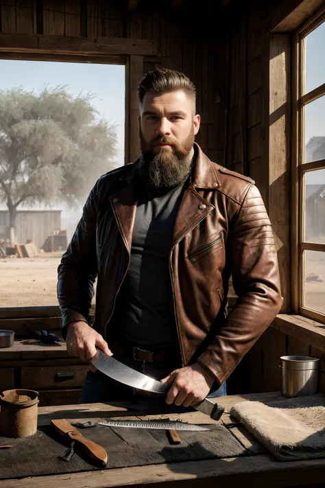 man, beard, sharpening a knife, leather jacket,  manly, strong, dusty old shack, realistic, highly detailed, dust in the air, godrays, window, 8k,