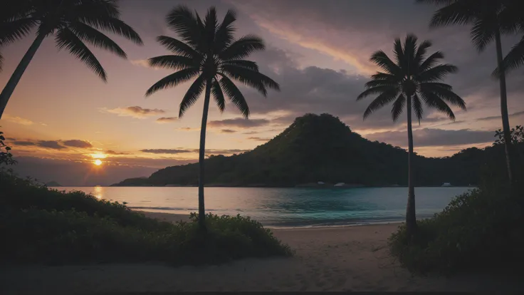 musical tropical vector illustration of sunset on the beach, in the style of Dan Mumford, vintage aesthetics, compositions inspired by nature, dark and gloomy landscapes, tropical landscapes