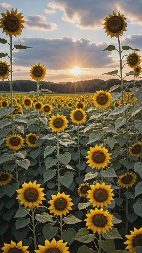 A high-contrast close-up photograph of radiant, ultradetailed sunflowers in a field, capturing the vibrant colors and intricate patterns under the golden light of the sun.