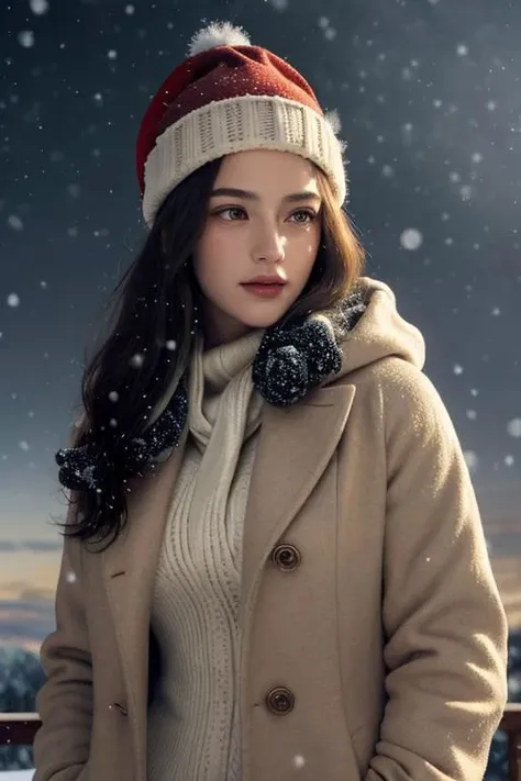 (masterpiece),
1girl,
OverallDetail,
DarkFantasy,
starry,night,colorful,cloud,star \(sky\),
christmas babe, red christmas hat,
beige business coat, 
black hair, floating hair,
looking at viewer,
((sexy pose)), flirtatious, proud mood,
godly light aura,
perfect face feature,
winter background, ((snowing)), night, warm light,
HDR, 4k textures, realistic, intricate details,