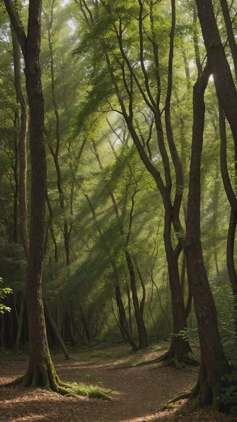 An intricate time-lapse of sunlight filtering through the foliage of an ancient forest, highlighting the vibrant, ultradetailed patterns created by the interplay of light and shadow.