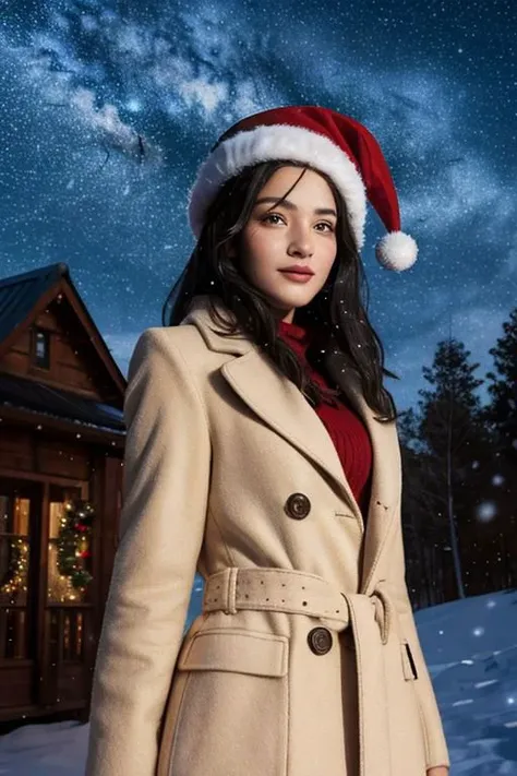 (masterpiece),
1girl,
OverallDetail,
starry,night,colorful,cloud,star \(sky\),
christmas babe, red christmas hat,
beige business coat, 
black hair, floating hair,
looking at viewer,
((sexy pose)), flirtatious, proud mood,
godly light aura,
perfect face feature,
winter background, ((snowing)), night, warm light,
HDR, 4k textures, realistic, intricate details,