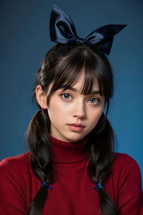 1women, 32yo, solo, long hair, sweater, red sweater, looking at viewer, blue background, black hair, simple background, two side up, turtleneck, blue eyes, lips, closed mouth, ribbon, hair ribbon, bangs, turtleneck sweater, upper body, parted bangs, black ribbon, ribbed sweater, twintails, nose,