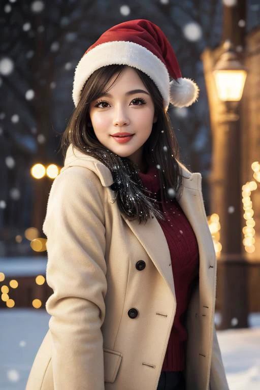 (masterpiece),
1girl,
christmas babe, christmas hat,
beige business coat, 
black hair, floating hair,
looking at viewer,
((sexy pose)), flirtatious, proud mood,
godly light aura,
perfect face feature,
winter background, ((snowing)), night, warm light,
HDR, 4k textures, realistic, intricate details,