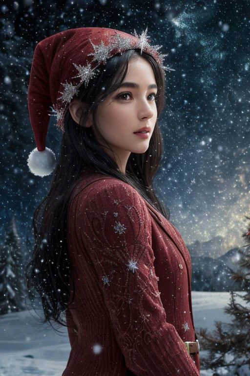 (masterpiece),
1girl,
OverallDetail,
DarkFantasy,
starry,night,colorful,cloud,star \(sky\),
christmas babe, red christmas hat,
business coat, 
black hair, floating hair,
looking at viewer,
((sexy pose)), flirtatious, proud mood,
godly light aura,
perfect face feature,
winter background, ((snowing)), night, warm light,
HDR, 4k textures, realistic, intricate details,