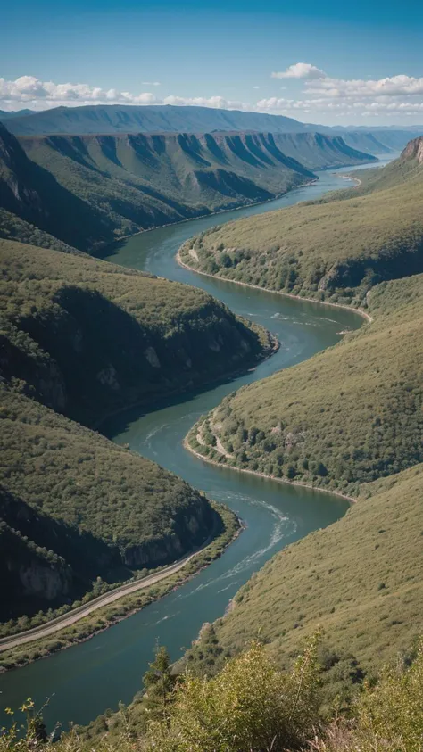 A meticulously composed, ultradetailed shot of a pristine river winding through a symmetrical valley, using a wide-angle lens to capture the azure sky and intricate landscape in high definition.