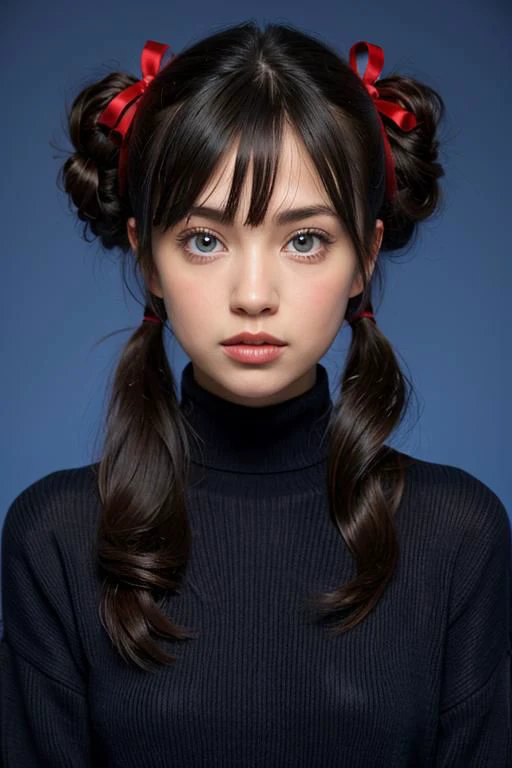 1women, 32yo, solo, long hair, sweater, red sweater, looking at viewer, blue background, black hair, simple background, two side up, turtleneck, blue eyes, lips, closed mouth, ribbon, hair ribbon, bangs, turtleneck sweater, upper body, parted bangs, black ribbon, ribbed sweater, twintails, nose,