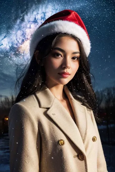 (masterpiece),
1girl,
OverallDetail,
starry,night,colorful,cloud,star \(sky\),
christmas babe, red christmas hat,
beige business coat, 
black hair, floating hair,
looking at viewer,
((sexy pose)), flirtatious, proud mood,
godly light aura,
perfect face feature,
winter background, ((snowing)), night, warm light,
HDR, 4k textures, realistic, intricate details,