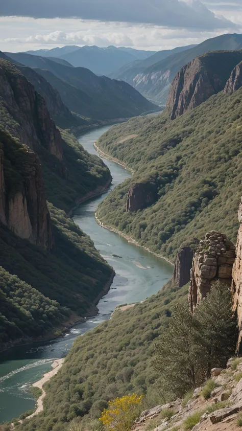 A serene, wide-angle shot showcasing a vibrant river flowing through a high-detail valley, using cinematic lighting to highlight the intricate landscape in vivid colors.