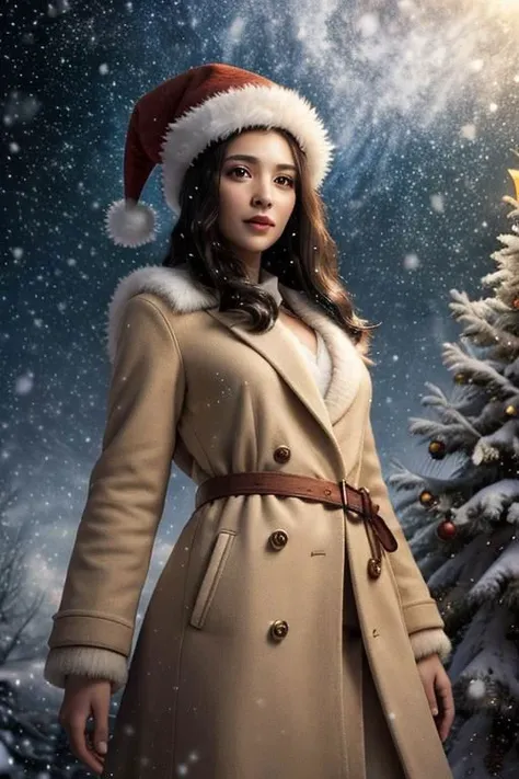 (masterpiece),
1girl,
OverallDetail,
DarkFantasy,
starry,night,colorful,cloud,star \(sky\),
christmas babe, red christmas hat,
beige business coat, 
black hair, floating hair,
looking at viewer,
((sexy pose)), flirtatious, proud mood,
godly light aura,
perfect face feature,
winter background, ((snowing)), night, warm light,
HDR, 4k textures, realistic, intricate details,