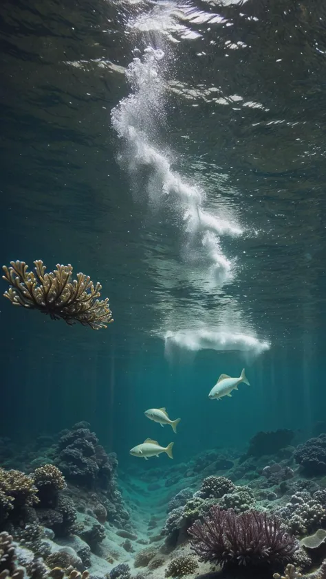 An ultradetailed underwater capture of bioluminescent organisms dancing in a symmetrical array, using specialized lighting techniques to emphasize the vibrant, ethereal beauty of the scene.