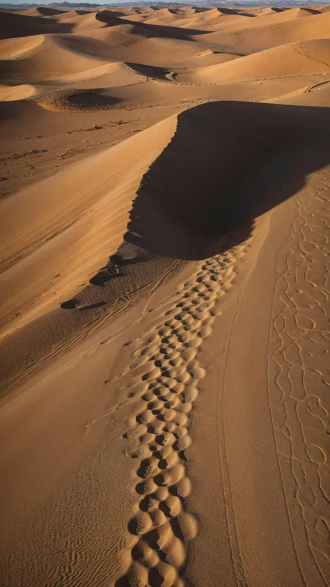 A cinematic, 8K time-lapse of the fiery glow of a desert sunset, capturing the high-contrast play of shadows on the vibrant dunes and emphasizing the vastness of the landscape.