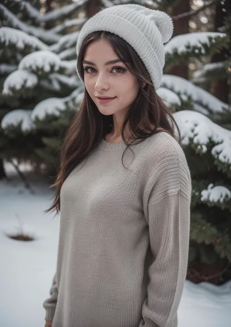 1 pretty girl, (full body shot), (dry skin), (whole body:1), (distance shot:1), (candid shot), detailed skin, (wearing pullover, sweater), bobble hat, (RAW photo, best quality), (realistic, photo-realistic:1.4), masterpiece, an extremely delicate and beautiful, Amazing, finely detail, ultra-detailed, highres, soft light, mascara, makeup, beautiful detailed aged woman, (full body shot), (dry skin), (whole body:1), (distance shot:1), (candid shot), chubby, long hair, extremely detailed eyes and face, beautiful detailed nose, beautiful detailed eyes, cinematic lighting, in a beautiful forest of pine trees at a countryside, winter scenery, pine trees in winter, by a small snowman, perfect anatomy, slender body, smiling depth of field, film grain:1, bokeh:1.2 (hidrocor lenses, contacts, iris),8K,Best quality, masterpiece, ultra high res, (photorealistic:1.4), raw photo, (Authentic skin texture:1.3), (film grain:1.3),different photo angle,beautiful detailed eyes and face,masterpiece, (Best Quality, Masterpiece:1.4), (Realism:1.2), (Realisitc:1.2), (Absurdres:1.2), (photorealistic:1.3), ( Very Big Eyes,beautiful detailed eyes, symmetric eyes),cowboy shot,dress,wings