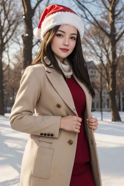 (masterpiece),
1girl,
christmas babe, christmas hat,
beige business coat, 
black hair, floating hair,
looking at viewer,
((sexy pose)), flirtatious, proud mood,
godly light aura,
perfect face feature,
winter background, snowing,
HDR, 4k textures, realistic, intricate details,