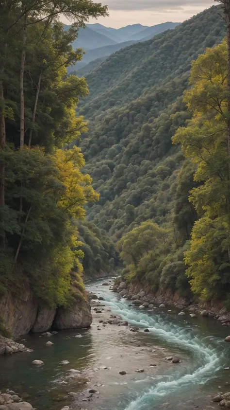 A serene, wide-angle shot showcasing a vibrant river flowing through a high-detail valley, using cinematic lighting to highlight the intricate landscape in vivid colors.