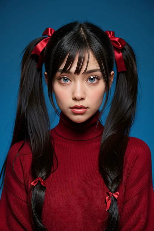 1women, 32yo, solo, long hair, sweater, red sweater, looking at viewer, blue background, black hair, simple background, two side up, turtleneck, blue eyes, lips, closed mouth, ribbon, hair ribbon, bangs, turtleneck sweater, upper body, parted bangs, black ribbon, ribbed sweater, twintails, nose,