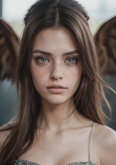 (best_quality),(ultra_detailed), photo of a beautiful 18-year-old pretty girl, (full body shot), (dry skin), (whole body:1), (distance shot:1), (candid shot), detailed skin, pastel hair, freckles sexy, beautiful, close up, young, DSLR, 8k, natural skin, textured skin (hidrocor lenses, contacts, iris),8K,Best quality, masterpiece, ultra high res, (photorealistic:1.4), raw photo, (Authentic skin texture:1.3), (film grain:1.3),different photo angle,beautiful detailed eyes and face,masterpiece, (Best Quality, Masterpiece:1.4), (Realism:1.2), (Realisitc:1.2), (Absurdres:1.2), (photorealistic:1.3), ( Very Big Eyes,beautiful detailed eyes, symmetric eyes),cowboy shot,dress,wings