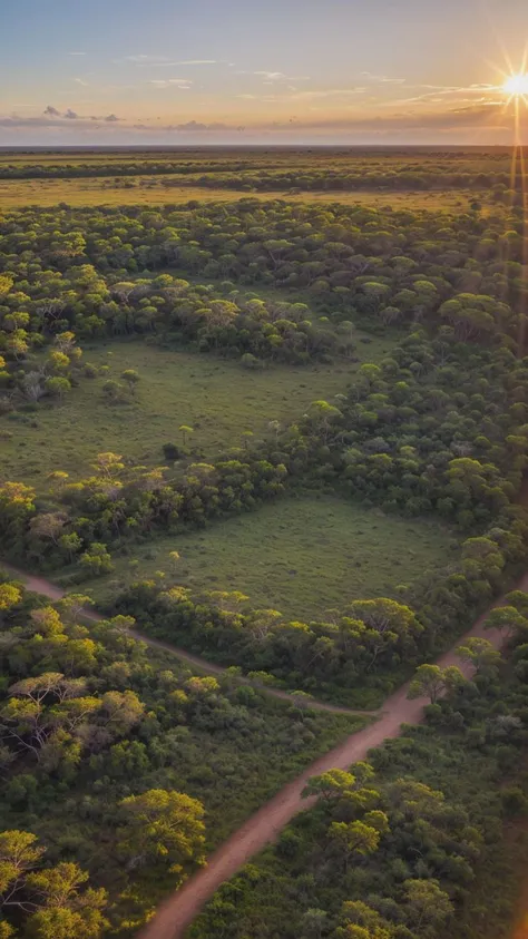 A breathtaking aerial view of a sunset over the savanna, filmed with a drone to capture the golden hour's high-contrast, symmetrical beauty as it bathes a herd of elephants, showcasing the scene's vastness.