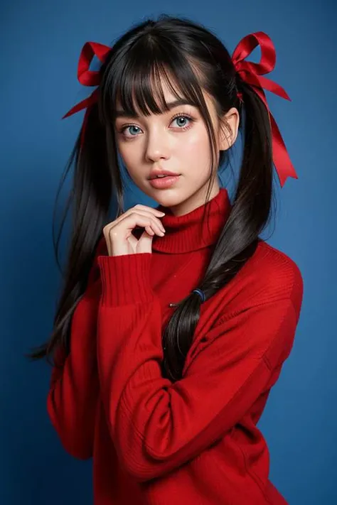 1women, 32yo, solo, long hair, sweater, red sweater, looking at viewer, blue background, black hair, simple background, two side up, turtleneck, blue eyes, lips, closed mouth, ribbon, hair ribbon, bangs, turtleneck sweater, upper body, parted bangs, black ribbon, ribbed sweater, twintails, nose,