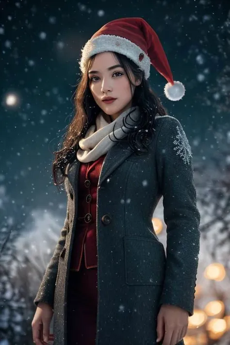 (masterpiece),
1girl,
OverallDetail,
DarkFantasy,
starry,night,colorful,cloud,star \(sky\),
christmas babe, red christmas hat,
business coat,
black hair, floating hair,
looking at viewer,
((sexy pose)), flirtatious, proud mood,
godly light aura,
perfect face feature,
winter background, ((snowing)), night, warm light,
HDR, 4k textures, realistic, intricate details,