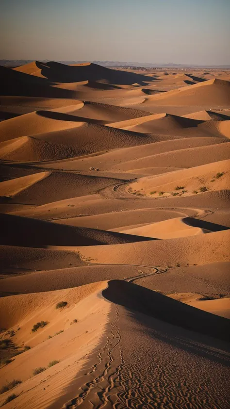 A cinematic, 8K time-lapse of the fiery glow of a desert sunset, capturing the high-contrast play of shadows on the vibrant dunes and emphasizing the vastness of the landscape.