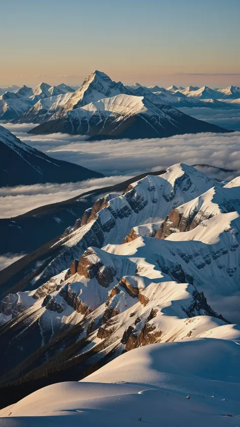 An exquisite 8K capture of a snow-capped mountain range during the magic hour, bathed in the soft, diffused lighting of a radiant sunrise, highlighting the fine details of each peak and ridge.