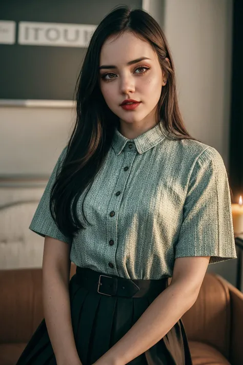 photo of (EPM1rn4V3g4s:0.99), closeup portrait, perfect hair, (modern photo, Chloe pleated blouse), 24mm, (analog, cinematic, film grain:1.3), (([classroom, television,sofa, gothic tapestry weave tapestry,terrazzo flooring,precast concrete, candlelight, gobo lighting| bedroom, computer monitor], gradient:1.1)), ((detailed eyes)), ((eyeliner, long lashes)), (epicPhoto), long eyelashes, (perfect waist), (painted lips)