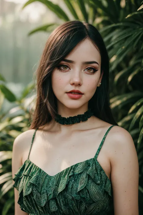 photo of (EPM1rn4V3g4s:0.99), closeup portrait, perfect hair, tied back hair, (modern photo, Paisley print ruffle sundress with a V-neckline), 24mm, (vintage, film grain:1.3), (([ai-controlled urban civilization, composite materials,onyx stone, wall-mounted sconces, pond and pool lighting| jungle, rainforest, ruins], gradient:1.1)), ((detailed eyes)), (((eyeliner:1.3), long lashes)), (epicPhoto), long eyelashes, (perfect waist), (painted lips)
