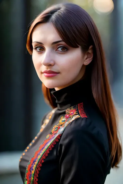 A stunning intricate full color portrait of a woman,wearing a high neck black dress <lora:epiNoiseoffset_v2:1>, happy, epic character composition,by ilya kuvshinov, alessio albi, nina masic,sharp focus, natural lighting, subsurface scattering, f2, 35mm, film grain, closeup, portrait, very cute girl, , colorfull make up <lora:Natash:1>