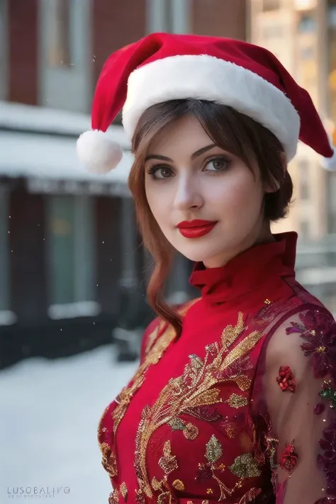 A stunning intricate full color portrait of  a woman,wearing a formal red dress, santa hat, happy, epic character composition,by ilya kuvshinov, alessio albi, nina masic,sharp focus, natural lighting, subsurface scattering, f2, 35mm, film grain , portait, very detailed skin texture, red lipstick <lora:Natash:1>