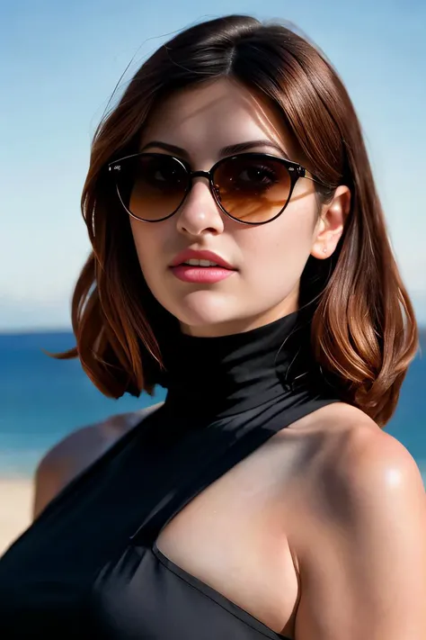 A stunning intricate full color portrait of a woman,wearing a high neck black dress <lora:epiNoiseoffset_v2:1>, having fun, epic character composition,by ilya kuvshinov, alessio albi, nina masic,sharp focus, natural lighting, subsurface scattering, f2, 35mm, film grain, portait, closeup, very detailed skin texture, sunglasses <lora:Natash:1>