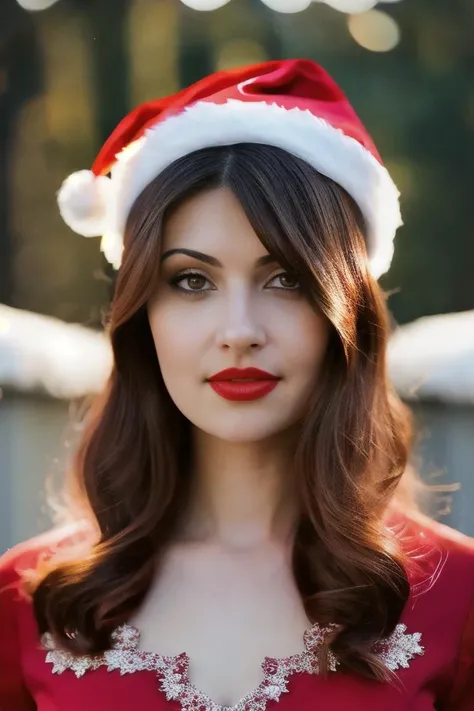 A stunning intricate full color portrait of a woman,wearing a formal red dress, santa hat, happy, epic character composition,by ilya kuvshinov, alessio albi, nina masic,sharp focus, natural lighting, subsurface scattering, f2, 35mm, film grain , portait, very detailed skin texture, red lipstick <lora:Natash:1>