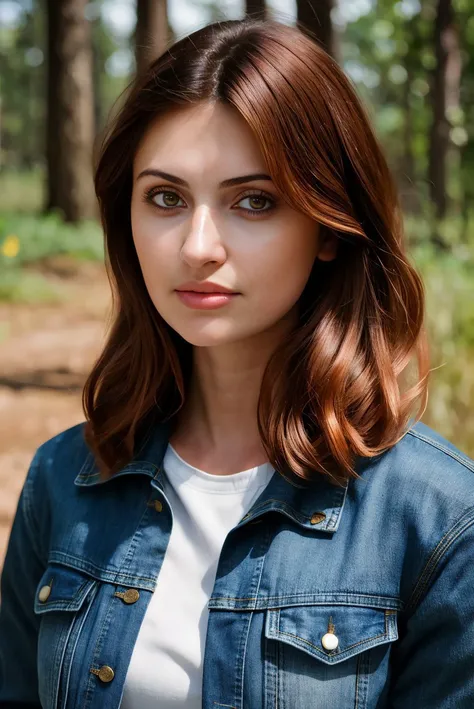 A stunning intricate full color portrait of a beautiful woman, wearing an indigo denim jacket over a summer dress, uninhabited island, natural lighting, epic character composition,by ilya kuvshinov, alessio albi, nina masic,sharp focus, subsurface scattering, f2, 35mm, film grain , red hair <lora:Natash:1>