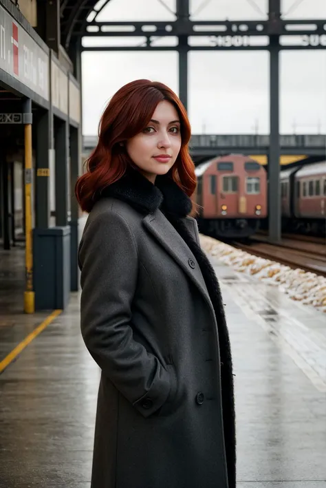 A full color portrait of a beautiful woman, wearing a charcoal wool coat with a faux fur collar, unused train station, shy, epic character composition,by ilya kuvshinov, alessio albi, nina masic,sharp focus, subsurface scattering, f2, 35mm, film grain , red hair <lora:Natash:1>