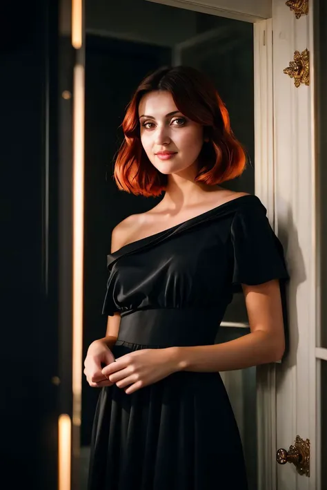 A stunning intricate full color portrait of a beautiful woman, wearing black dress, in a twilight chamber <lora:NightphotoV1-0:0.4>, portrait from above, epic character composition,by ilya kuvshinov, alessio albi, nina masic,sharp focus, subsurface scattering, f2, 35mm, film grain ,sexy smile, red hair <lora:Natash:1>