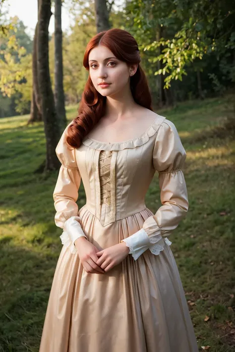 A full color portrait of a beautiful woman wearina a Regency era dress, Emma (2020) movie set,full body,epic character composition,by ilya kuvshinov, alessio albi, nina masic,sharp focus, subsurface scattering, f2, 35mm, film grain , reddish hair <lora:Natash:1>