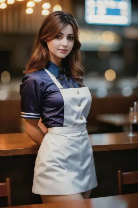 A stunning intricate full color portrait of a woman,wearing a waitress outfit, in a restaurant, having fun, epic character composition,by ilya kuvshinov, alessio albi, nina masic,sharp focus, natural lighting, subsurface scattering, f2, 35mm, film grain <lora:Natash:1>