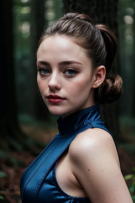 photo of (drrusse11-135:0.99), a beautiful woman, perfect hair upsweep updo, (modern photo, Marines Blue waistcoat), closeup portrait, 85mm, (analog, cinematic, film grain:1.3), (mushroom forest:1.2), detailed eyes, (seductive pose), (epicPhoto), (looking at viewer), jewelry, (cinematic shot:1.3)