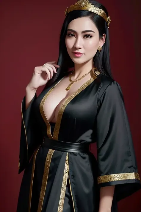 a beautiful empress portrait, black hair, perfect black eyes, with a brilliant, clothes Santa robes, everything Christmas, snow, symmetrical, dramatic studio lighting, rococo, baroque, greens, asian, hyperrealism, closeup, D&D, fantasy, intricate, elegant, highly detailed, digital painting, artstation, octane render, 8k, concept art, matte, sharp focus