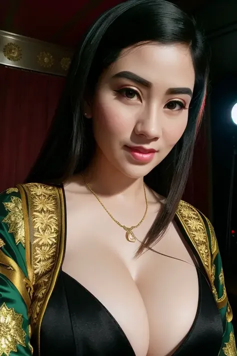 a beautiful empress portrait, black hair, perfect black eyes, with a brilliant, clothes Santa robes, everything Christmas, snow, symmetrical, dramatic studio lighting, rococo, baroque, greens, asian, hyperrealism, closeup, D&D, fantasy, intricate, elegant, highly detailed, digital painting, artstation, octane render, 8k, concept art, matte, sharp focus