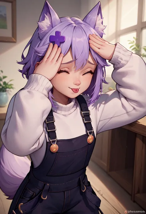 score_9, score_8_up, score_7_up, AhEtoBlehMeme, closed eyes, tongue out, :p, hands on own head, smile, <lora:AhEtoBlehMeme_pdxl_Incrs_v1:1>, FilianOverall, tail, short hair, purple hair ornament, overalls, white sweater, <lora:ChamFilianPonyXL:1>